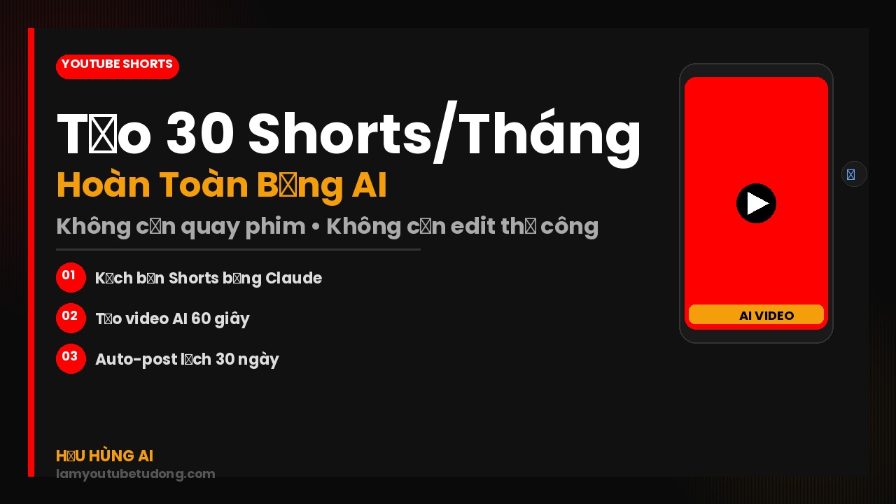 YouTube Shorts Bằng AI: Tạo 30 Shorts/Tháng Hoàn Toàn Tự Động 2026